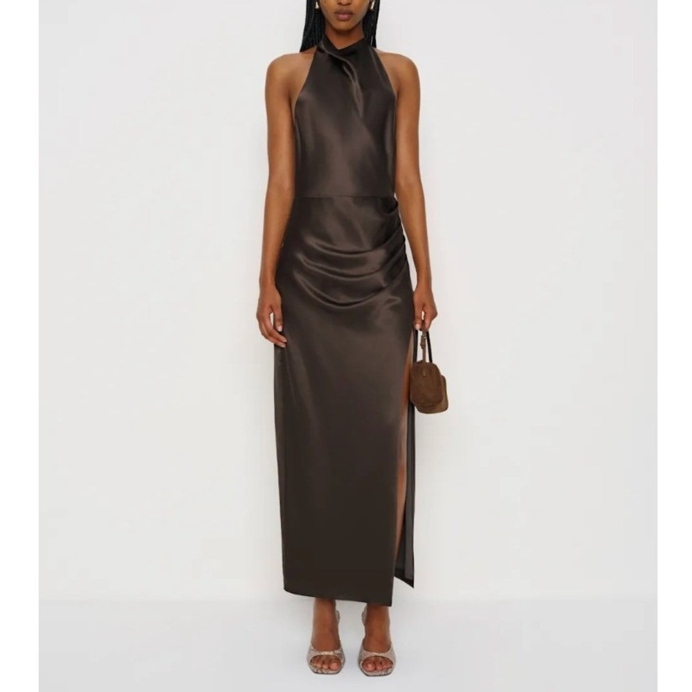 Reformation Emeline Silk Dress Black Pearl 10 Halter Maxi Backless Gown